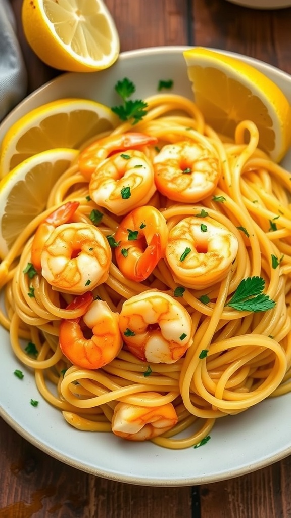 Garlic Butter Shrimp Pasta Recipe Garlic butter shrimp pasta with shrimp, spaghetti, parsley garnish, and lemon wedges on a rustic table.